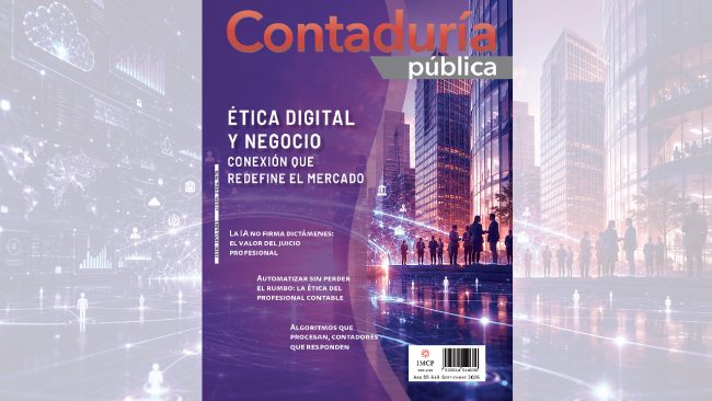 Portada de la revista Contaduría Pública de septiembre de 2026, dedicada al tema "Ética digital y negocio", con un entorno urbano digital, visualizaciones de datos y conexiones tecnológicas asociadas a la Inteligencia Artificial y la transformación empresarial.