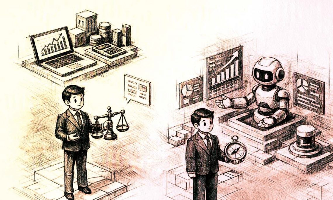 Ilustración sobre la ética en los negocios y la tecnología que muestra la interacción entre el juicio humano, la toma de decisiones y sistemas automatizados de Inteligencia Artificial.
