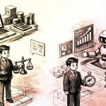 Ilustración sobre la ética en los negocios y la tecnología que muestra la interacción entre el juicio humano, la toma de decisiones y sistemas automatizados de Inteligencia Artificial.