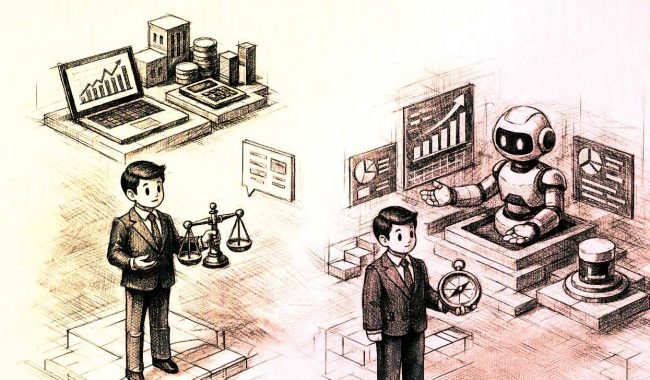 Ilustración sobre la ética en los negocios y la tecnología que muestra la interacción entre el juicio humano, la toma de decisiones y sistemas automatizados de Inteligencia Artificial.