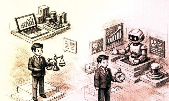 Ilustración sobre la ética en los negocios y la tecnología que muestra la interacción entre el juicio humano, la toma de decisiones y sistemas automatizados de Inteligencia Artificial.