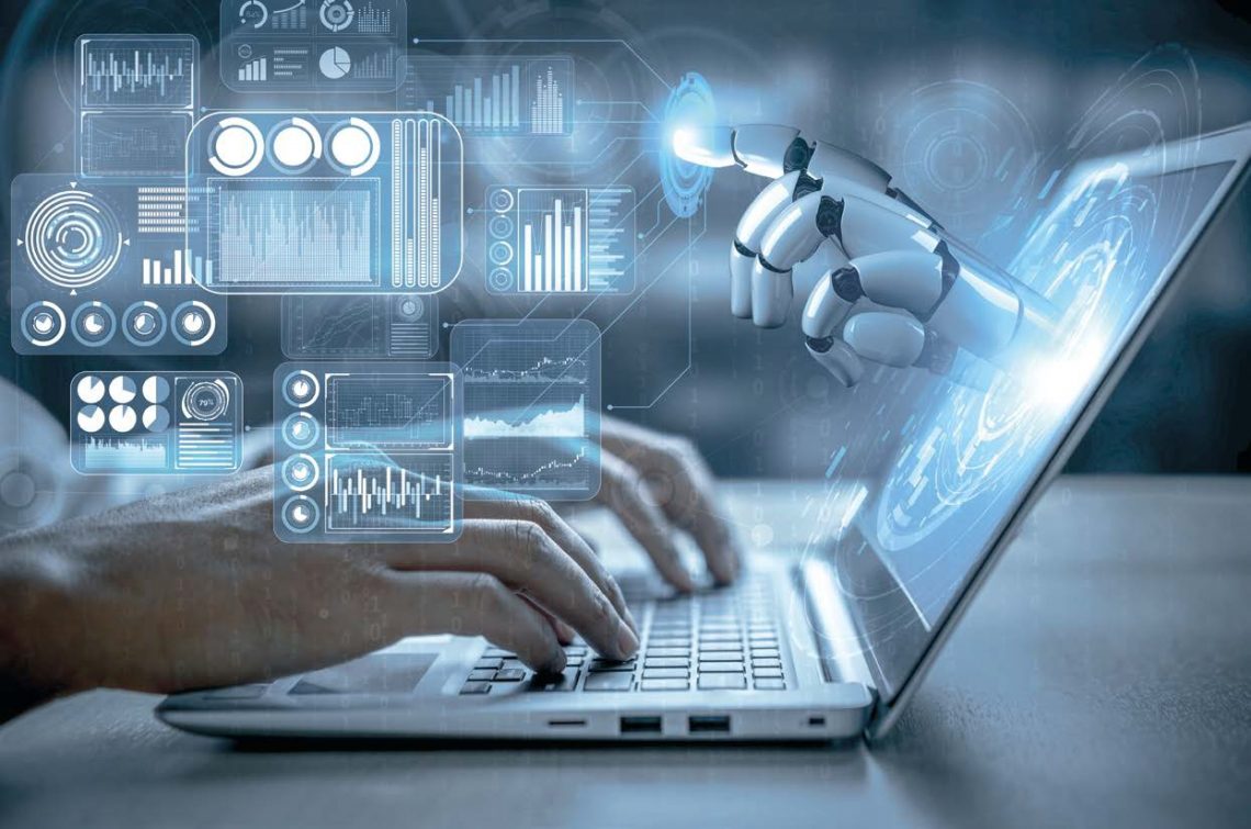 Profesional analiza información financiera utilizando herramientas de Inteligencia Artificial en un entorno digital.
