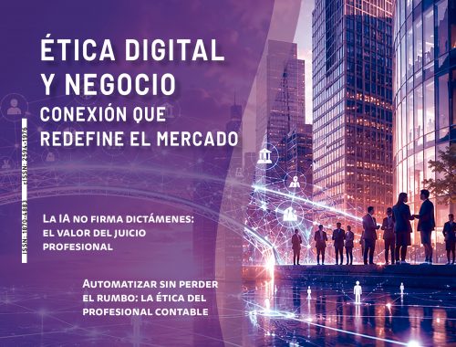 Portada de la revista Contaduría Pública de septiembre de 2026, dedicada al tema "Ética digital y negocio", con un entorno urbano digital, visualizaciones de datos y conexiones tecnológicas asociadas a la Inteligencia Artificial y la transformación empresarial.