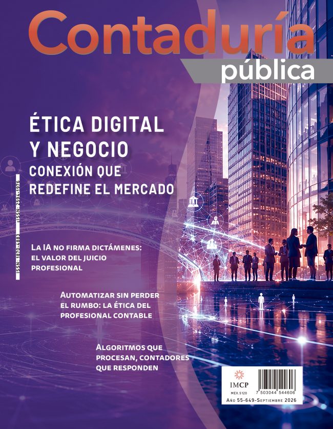 Portada de la revista Contaduría Pública de septiembre de 2026, dedicada al tema "Ética digital y negocio", con un entorno urbano digital, visualizaciones de datos y conexiones tecnológicas asociadas a la Inteligencia Artificial y la transformación empresarial.