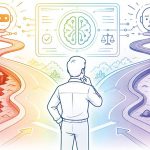 Ilustración sobre el sesgo de automatización en la Contaduría Pública. Una persona observa dos caminos frente a una interfaz de Inteligencia Artificial, mientras evalúa riesgos y decisiones en un entorno tecnológico.