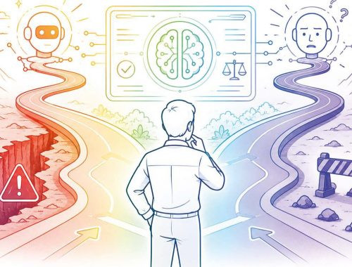 Ilustración sobre el sesgo de automatización en la Contaduría Pública. Una persona observa dos caminos frente a una interfaz de Inteligencia Artificial, mientras evalúa riesgos y decisiones en un entorno tecnológico.