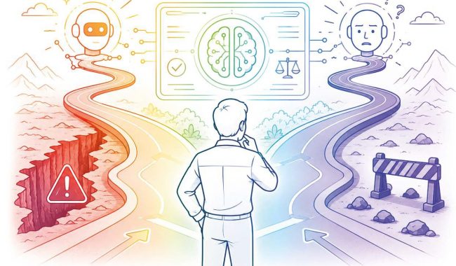 Ilustración sobre el sesgo de automatización en la Contaduría Pública. Una persona observa dos caminos frente a una interfaz de Inteligencia Artificial, mientras evalúa riesgos y decisiones en un entorno tecnológico.