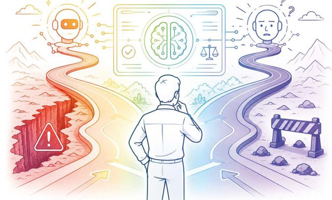 Ilustración sobre el sesgo de automatización en la Contaduría Pública. Una persona observa dos caminos frente a una interfaz de Inteligencia Artificial, mientras evalúa riesgos y decisiones en un entorno tecnológico.